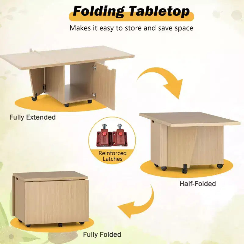 Table basse pliable Costway 48, table basse extensible avec armoires de rangement et roulettes, chêne/noyer/marron