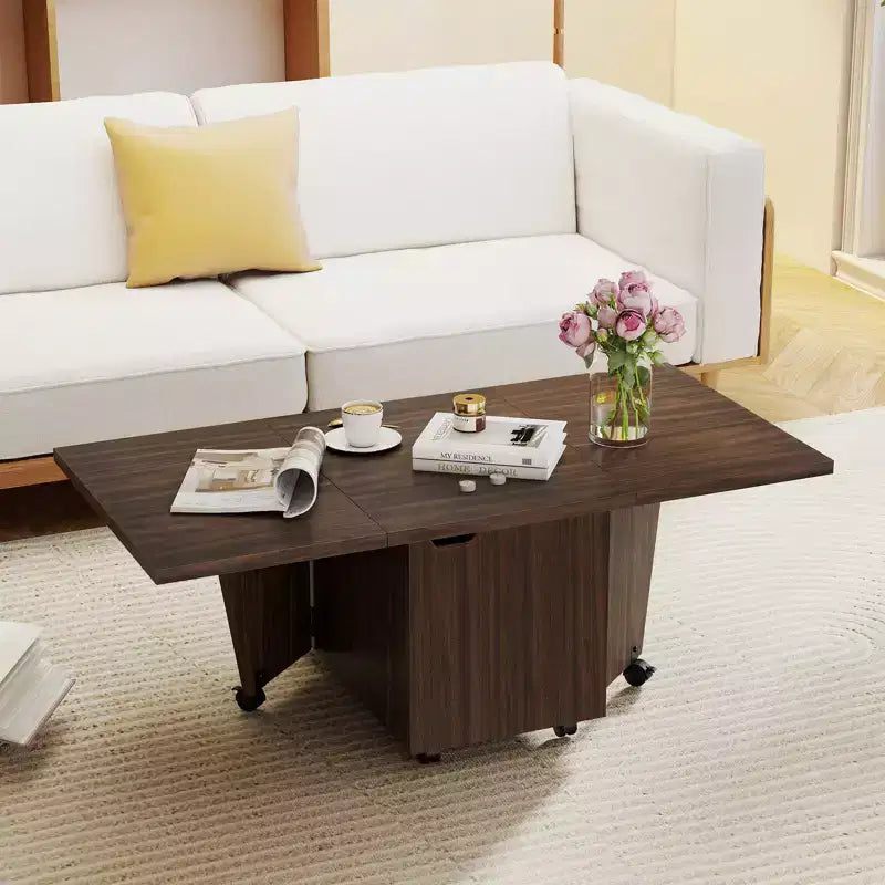 Table basse pliable Costway 48, table basse extensible avec armoires de rangement et roulettes, chêne/noyer/marron
