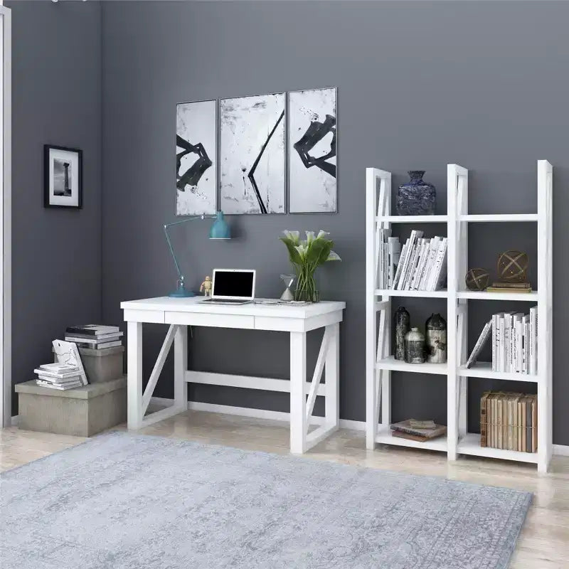 Okak Bureau d'ordinateur moderne 120 cm avec pieds renforcés, bureau avec 1 tiroir, bureau debout pour salon, bureau, étude, blanc