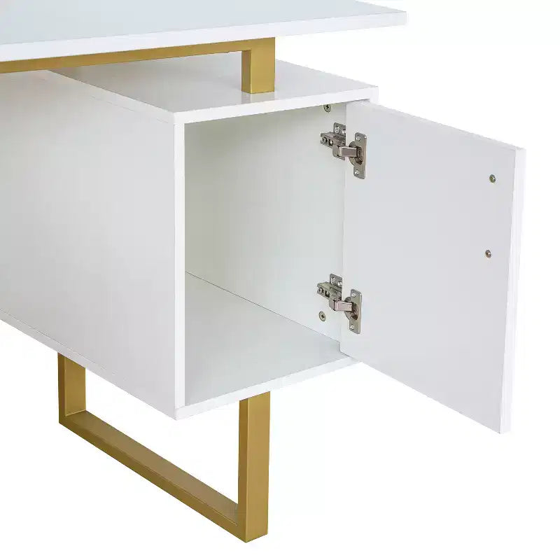 Bureau moderne Okak 51,25" avec pieds dorés, bureau debout avec 2 tiroirs et 1 porte d'armoire, bureau d'ordinateur pour salon, bureau, doré et blanc