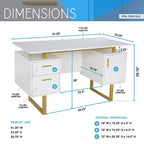 Bureau moderne Okak 51,25" avec pieds dorés, bureau debout avec 2 tiroirs et 1 porte d'armoire, bureau d'ordinateur pour salon, bureau, doré et blanc