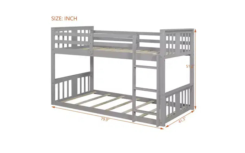 Lit superposé jumeau bas Zevemomo, cadre en bois de pin massif avec échelle intégrée, convertible en 2 lits jumeaux, lit au sol peu encombrant pour chambre à coucher, gris