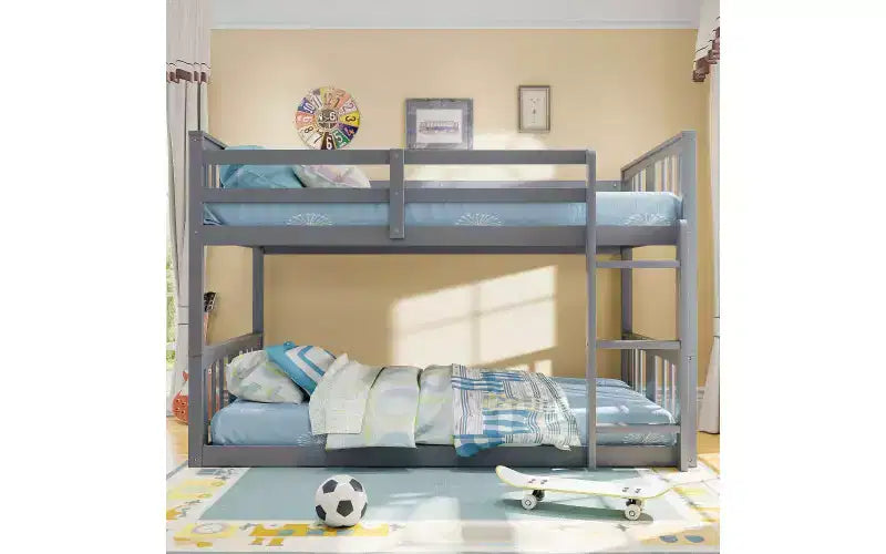 Lit superposé jumeau bas Zevemomo, cadre en bois de pin massif avec échelle intégrée, convertible en 2 lits jumeaux, lit au sol peu encombrant pour chambre à coucher, gris