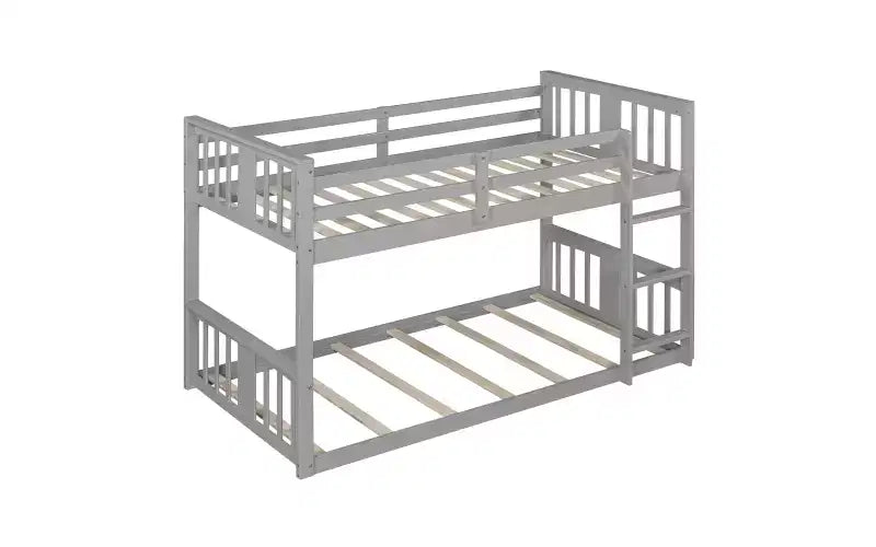 Lit superposé jumeau bas Zevemomo, cadre en bois de pin massif avec échelle intégrée, convertible en 2 lits jumeaux, lit au sol peu encombrant pour chambre à coucher, gris
