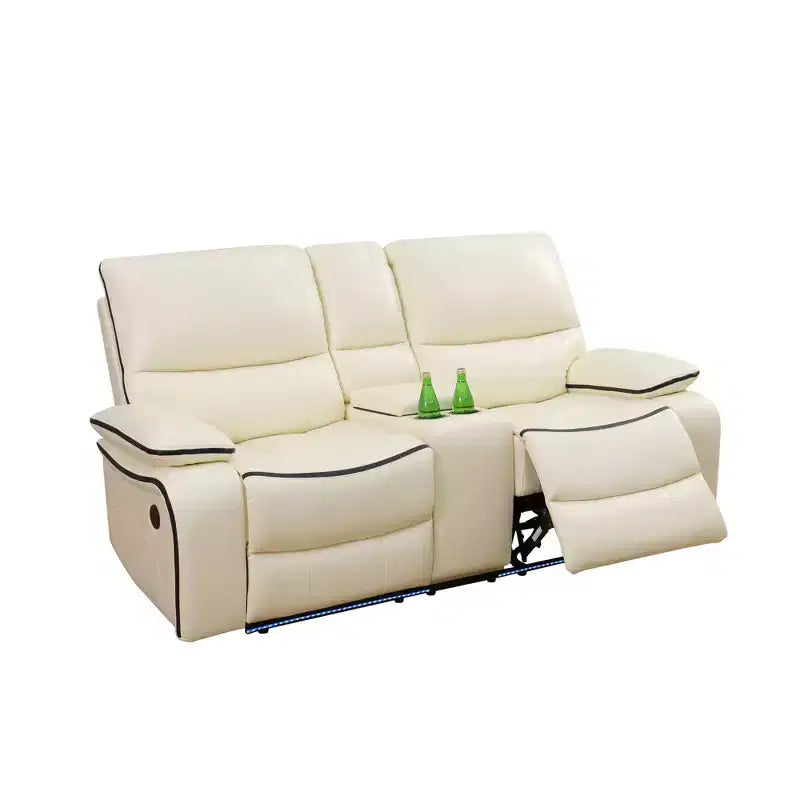 Canapé deux places inclinable MAYEERTY, fauteuil inclinable électrique en cuir avec port USB, rangement et porte-gobelets pour salon, blanc cassé