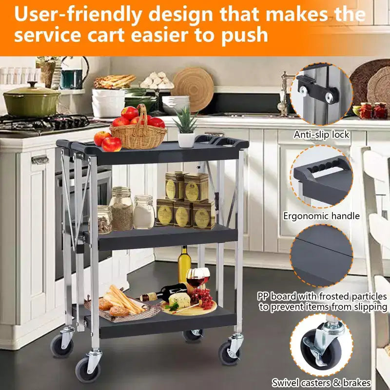 Chariot roulant à 3 étagères, usage intensif, chariot utilitaire commercial pliable avec roues, capacité de 150 kg, chariot de service pliable pour la restauration, le garage