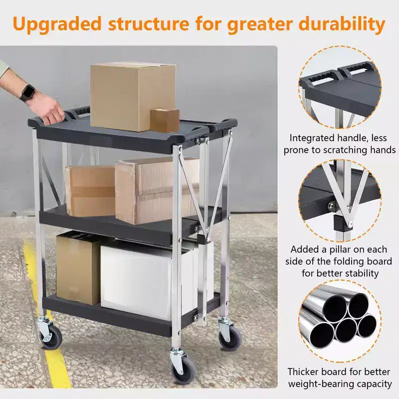 Chariot roulant à 3 étagères, usage intensif, chariot utilitaire commercial pliable avec roues, capacité de 150 kg, chariot de service pliable pour la restauration, le garage