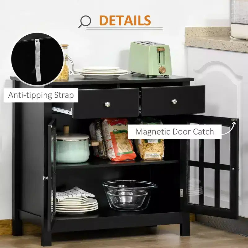 Meuble Buffet avec Portes Vitrées, Étagère Réglable et 2 Tiroirs pour Cuisine