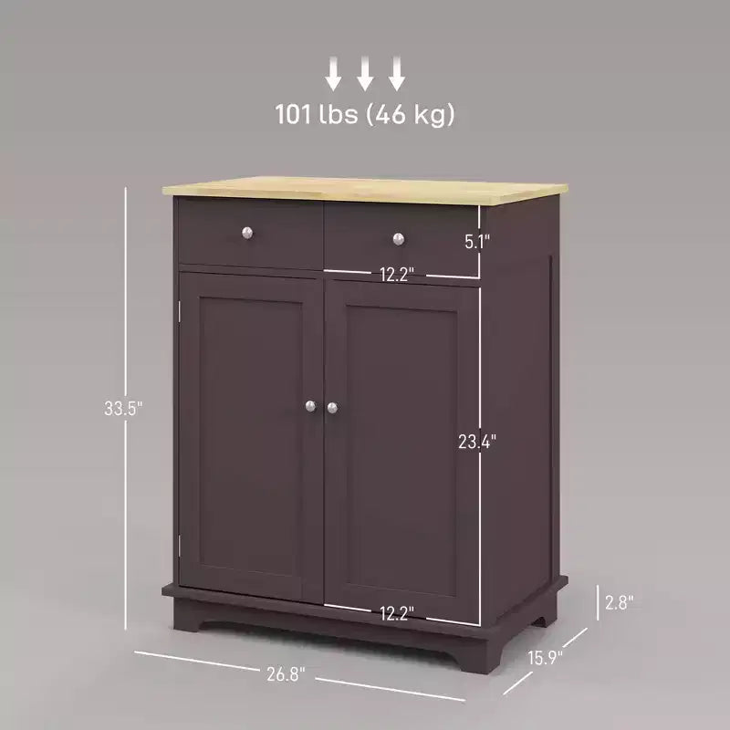 Meuble de Rangement de Cuisine, Buffet Bas avec Plateau en Bois Massif, Étagère Réglable et 2 Tiroirs