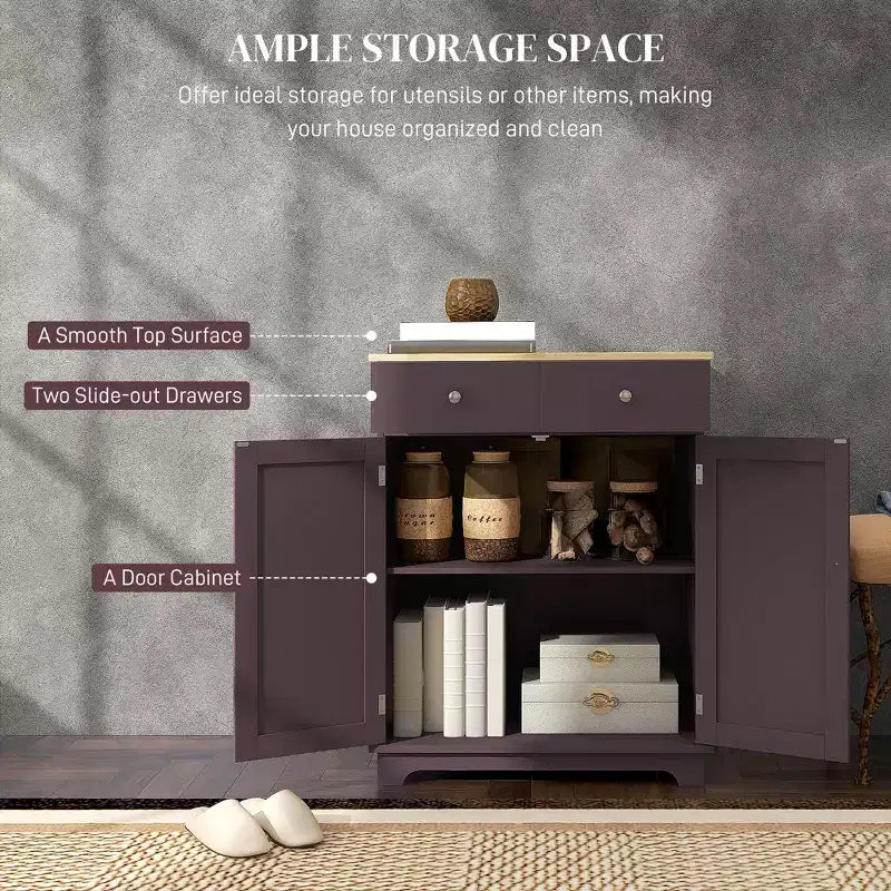 Meuble de Rangement de Cuisine, Buffet Bas avec Plateau en Bois Massif, Étagère Réglable et 2 Tiroirs