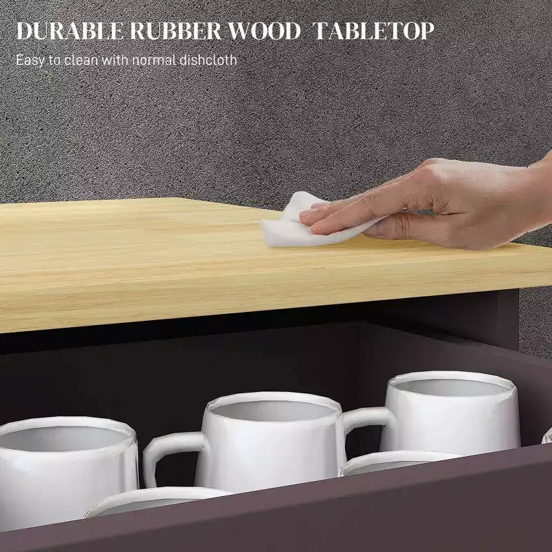 Meuble de Rangement de Cuisine, Buffet Bas avec Plateau en Bois Massif, Étagère Réglable et 2 Tiroirs