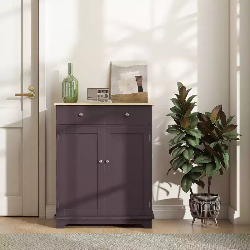 Meuble de Rangement de Cuisine, Buffet Bas avec Plateau en Bois Massif, Étagère Réglable et 2 Tiroirs