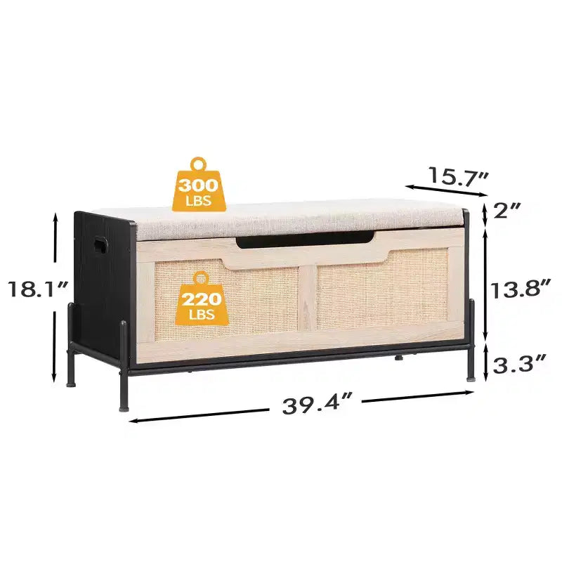 Banc de rangement en rotin avec charnière de sécurité, banc d'entrée avec rangement pour chambre, banc de rangement à chaussures, banc de bout de lit avec poignées latérales