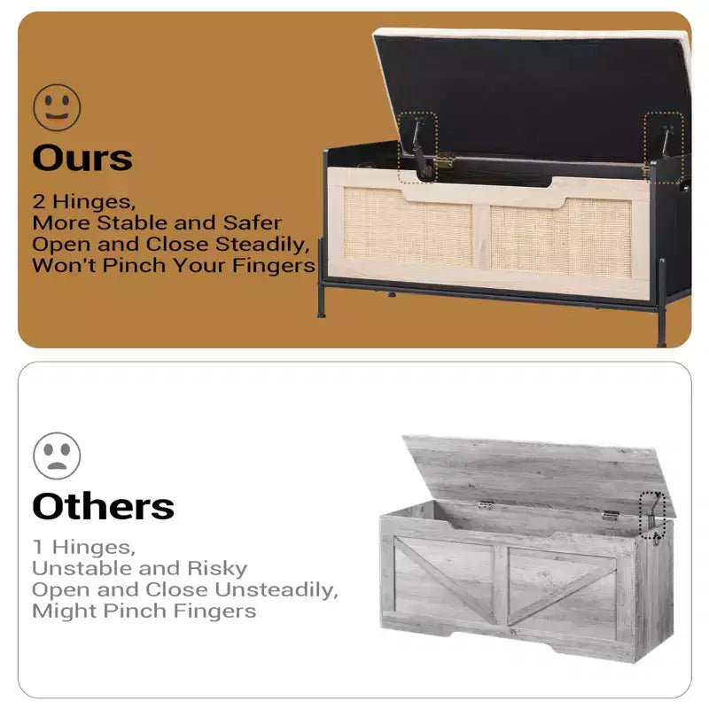 Banc de rangement en rotin avec charnière de sécurité, banc d'entrée avec rangement pour chambre, banc de rangement à chaussures, banc de bout de lit avec poignées latérales