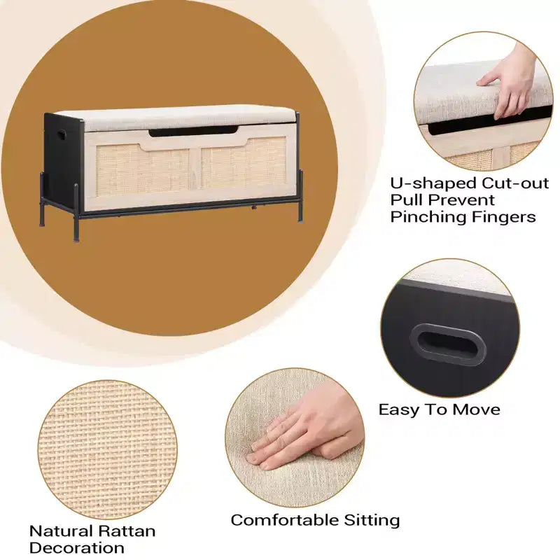 Banc de rangement en rotin avec charnière de sécurité, banc d'entrée avec rangement pour chambre, banc de rangement à chaussures, banc de bout de lit avec poignées latérales