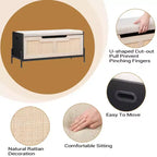 Banc de rangement en rotin avec charnière de sécurité, banc d'entrée avec rangement pour chambre, banc de rangement à chaussures, banc de bout de lit avec poignées latérales