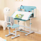 Ensemble bureau et chaise d'étude pour enfants Costway avec plateau inclinable, porte-stylo et plateau, support de lecture bleu/gris