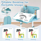 Ensemble bureau et chaise d'étude pour enfants Costway avec plateau inclinable, porte-stylo et plateau, support de lecture bleu/gris