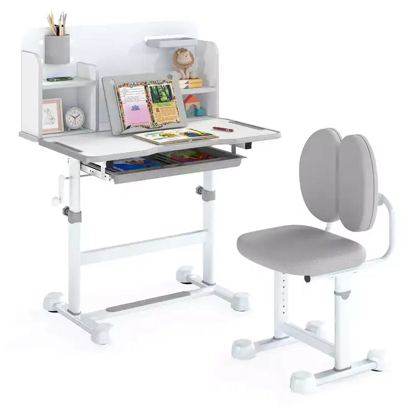 Ensemble bureau et chaise d'étude pour enfants Costway avec plateau inclinable, porte-stylo et plateau, support de lecture bleu/gris