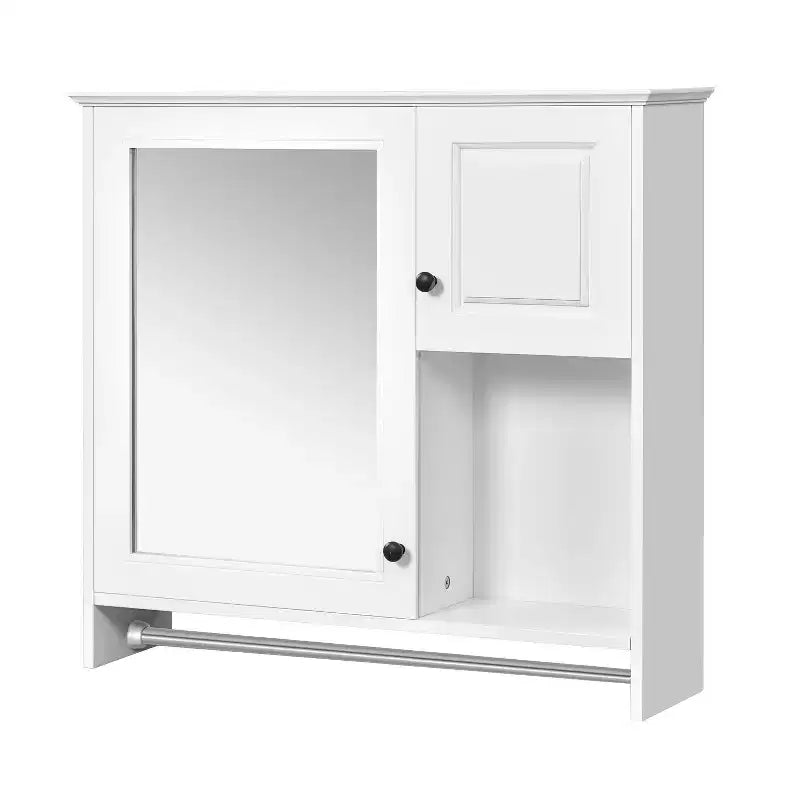 Meuble de salle de bain mural rectangulaire FAMYYT 30 po L x 27 po H en MDF avec miroir, étagères réglables, barre porte-serviettes, blanc