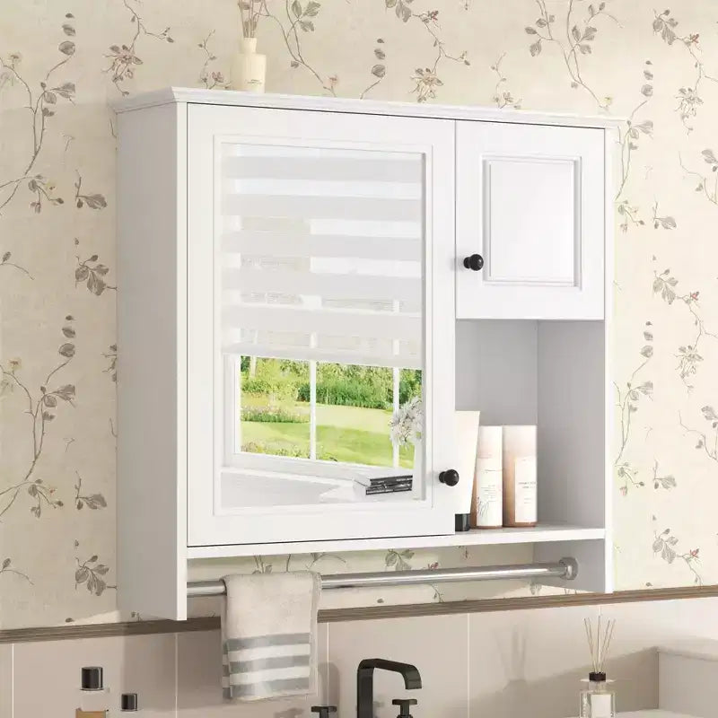 Meuble de salle de bain mural rectangulaire FAMYYT 30 po L x 27 po H en MDF avec miroir, étagères réglables, barre porte-serviettes, blanc