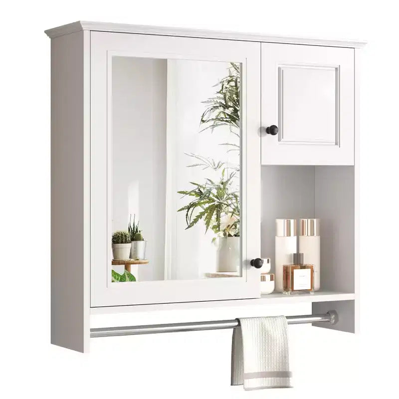 Meuble de salle de bain mural rectangulaire FAMYYT 30 po L x 27 po H en MDF avec miroir, étagères réglables, barre porte-serviettes, blanc