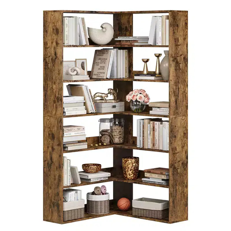 L-Shaped High-Rise 6-Tier Corner Bookshelf with Dividers Living Room Home Office Vintage-Style Display Storage Rack