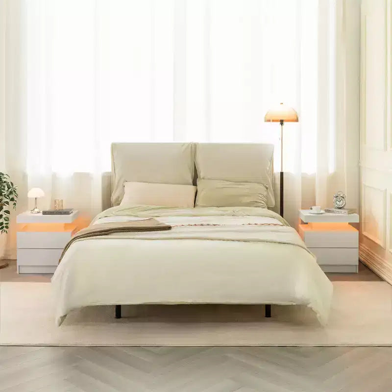Table de chevet avec lumières, bout de canapé, meuble de rangement moderne avec 2 tiroirs pour chambre à coucher (Blanc)