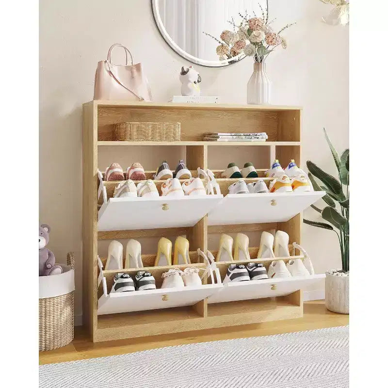Meuble à chaussures étroit Garvee avec 4 tiroirs basculants et étagère ouverte, organisateur de chaussures autoportant en bois avec étagères pour pantoufles, baskets, talons, bottes