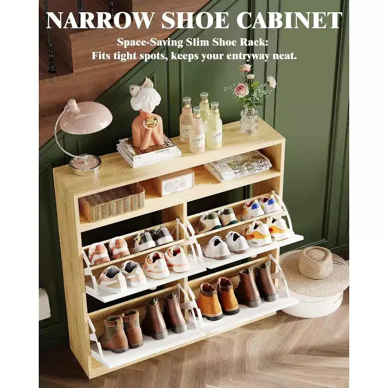 Meuble à chaussures étroit Garvee avec 4 tiroirs basculants et étagère ouverte, organisateur de chaussures autoportant en bois avec étagères pour pantoufles, baskets, talons, bottes