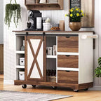 Okak Farmhouse Kitchen Cart with Drop Leaf, Rolling Countertop Organizer with Barn Door, Power Outlet, Kitchen Island for Home