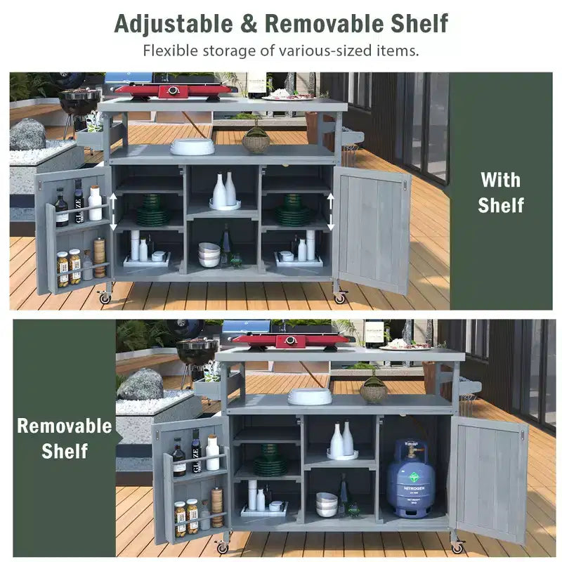 Okak Îlot de cuisine d'extérieur avec plaque de cuisson et grille en acier, chariot de bar en bois massif avec roulettes verrouillables, armoire de rangement extérieure pour jardin, barbecue