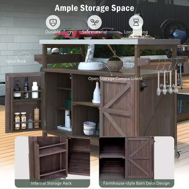 Okak Îlot de cuisine d'extérieur avec plaque de cuisson et grille en acier, chariot de bar en bois massif avec roulettes verrouillables, armoire de rangement extérieure pour jardin, barbecue