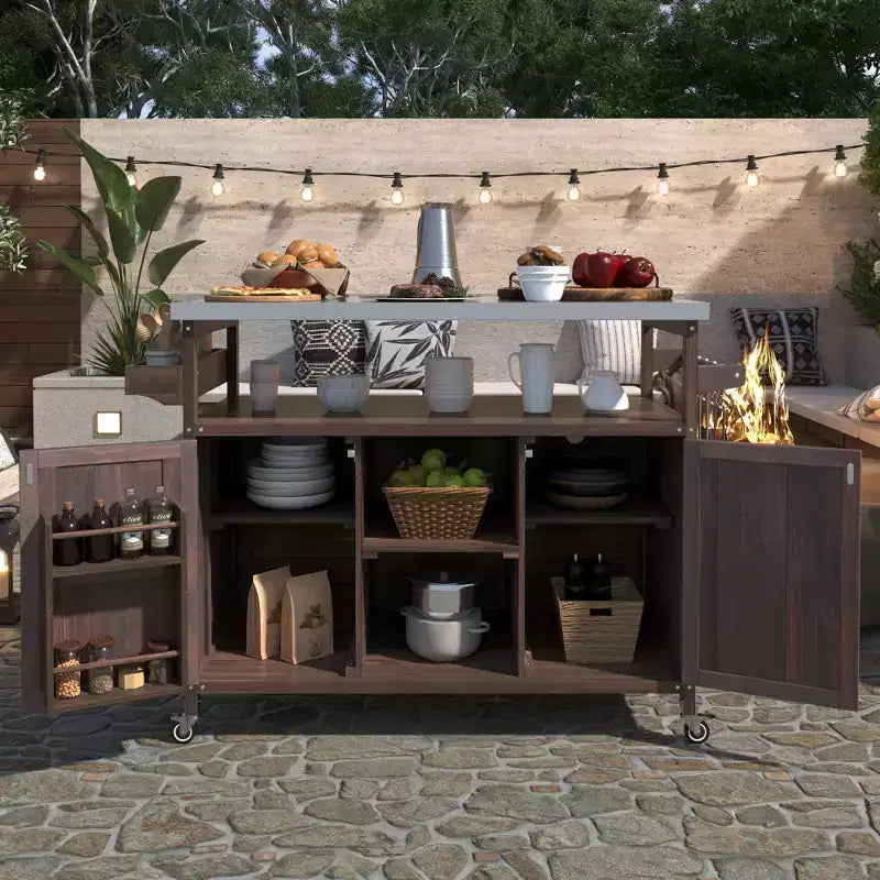 Okak Îlot de cuisine d'extérieur avec plaque de cuisson et grille en acier, chariot de bar en bois massif avec roulettes verrouillables, armoire de rangement extérieure pour jardin, barbecue