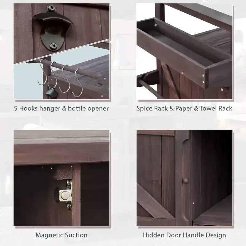 Okak Îlot de cuisine d'extérieur avec plaque de cuisson et grille en acier, chariot de bar en bois massif avec roulettes verrouillables, armoire de rangement extérieure pour jardin, barbecue