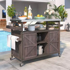 Okak Îlot de cuisine d'extérieur avec plaque de cuisson et grille en acier, chariot de bar en bois massif avec roulettes verrouillables, armoire de rangement extérieure pour jardin, barbecue