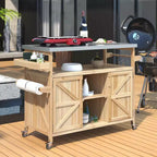 Okak Îlot de cuisine d'extérieur avec plaque de cuisson et grille en acier, chariot de bar en bois massif avec roulettes verrouillables, armoire de rangement extérieure pour jardin, barbecue