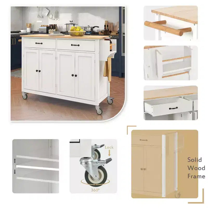 JVNOXK-Desserte d'îlot de cuisine avec plateau en bois massif et roulettes verrouillables, largeur de 137,9 cm, meuble à 4 portes et deux tiroirs, porte-épices, porte-serviettes (Blanc)