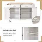 JVNOXK-Desserte d'îlot de cuisine avec plateau en bois massif et roulettes verrouillables, largeur de 137,9 cm, meuble à 4 portes et deux tiroirs, porte-épices, porte-serviettes (Blanc)