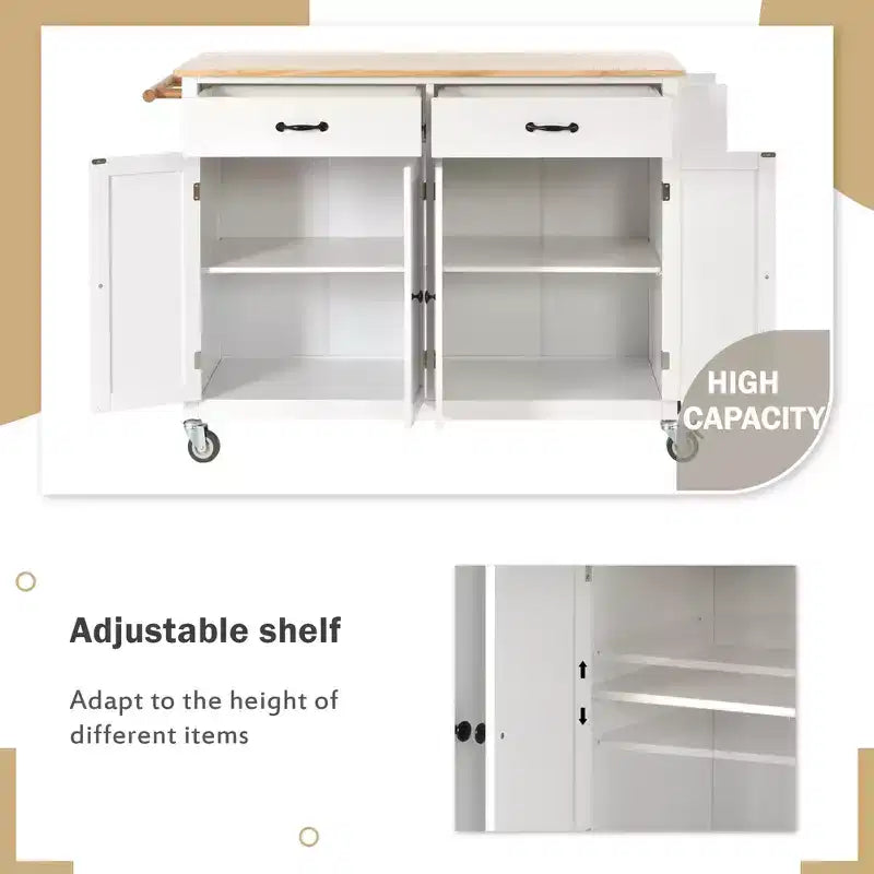 JVNOXK-Desserte d'îlot de cuisine avec plateau en bois massif et roulettes verrouillables, largeur de 137,9 cm, meuble à 4 portes et deux tiroirs, porte-épices, porte-serviettes (Blanc)