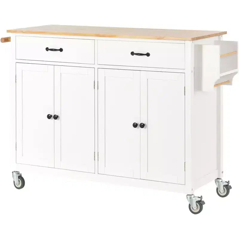 JVNOXK-Desserte d'îlot de cuisine avec plateau en bois massif et roulettes verrouillables, largeur de 137,9 cm, meuble à 4 portes et deux tiroirs, porte-épices, porte-serviettes (Blanc)