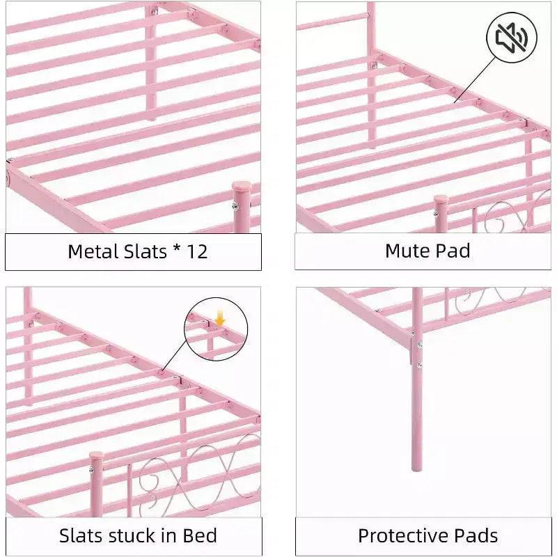 Cadre de lit plateforme double Acekool en métal avec tête et pied de lit en forme de cœur, 12,2" de rangement sous le lit, support à lattes métalliques robustes, noir