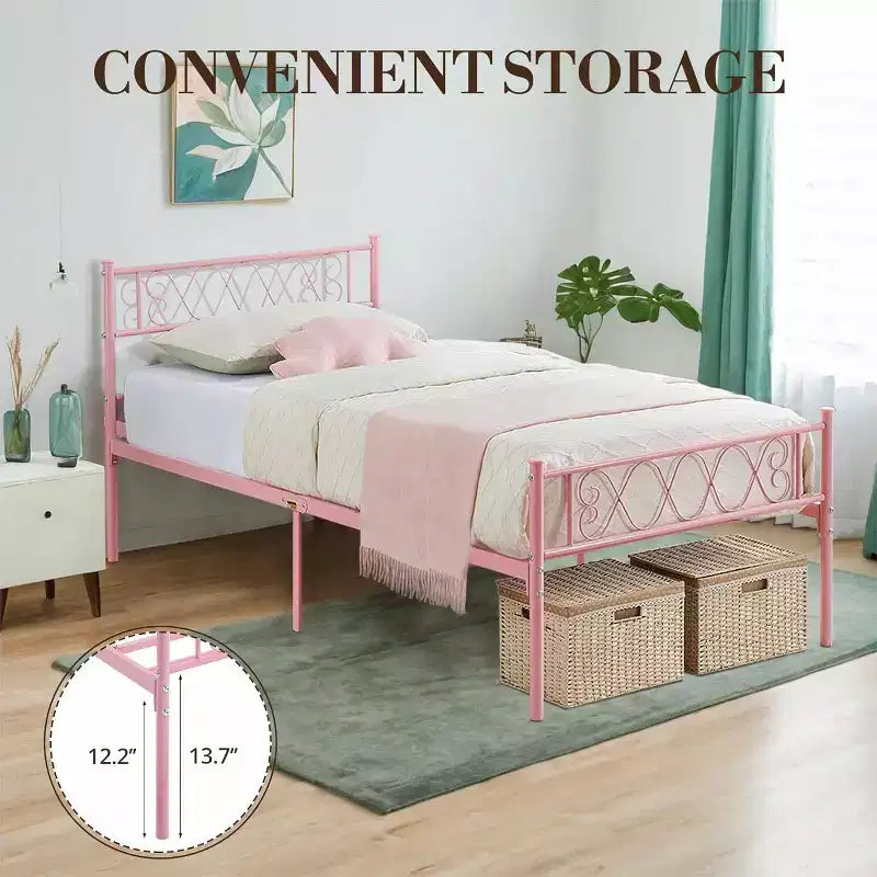 Cadre de lit plateforme double Acekool en métal avec tête et pied de lit en forme de cœur, 12,2" de rangement sous le lit, support à lattes métalliques robustes, noir