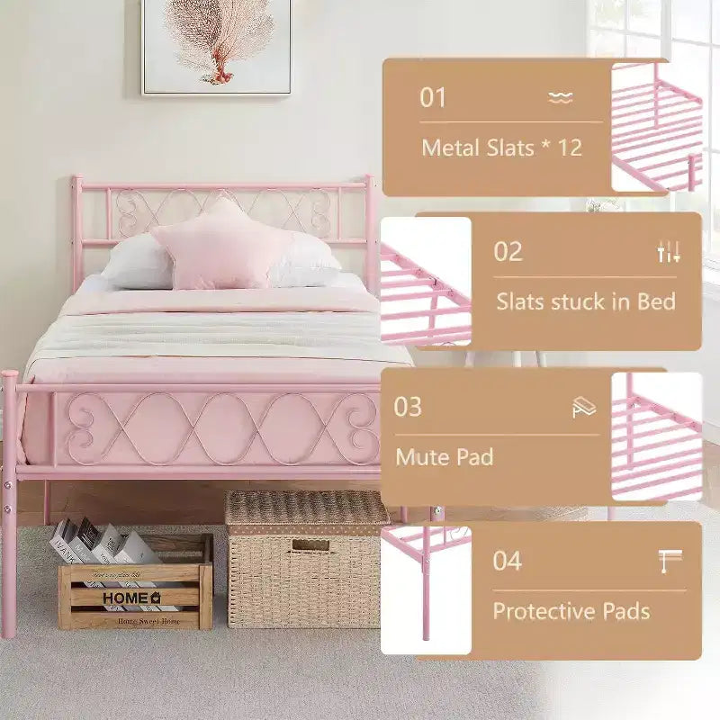 Cadre de lit plateforme double Acekool en métal avec tête et pied de lit en forme de cœur, 12,2" de rangement sous le lit, support à lattes métalliques robustes, noir