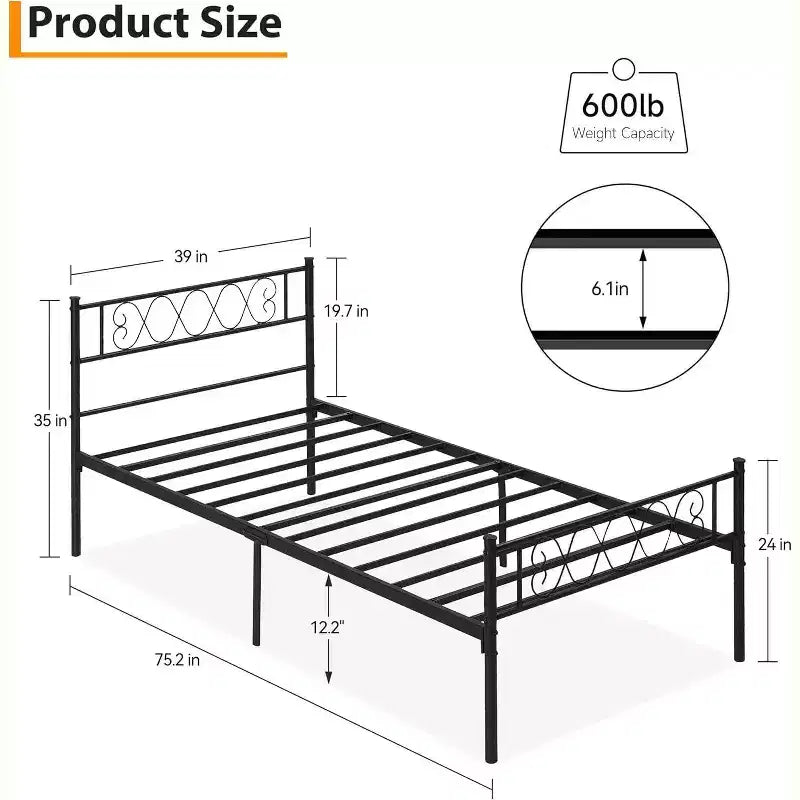 Cadre de lit plateforme double Acekool en métal avec tête et pied de lit en forme de cœur, 12,2" de rangement sous le lit, support à lattes métalliques robustes, noir
