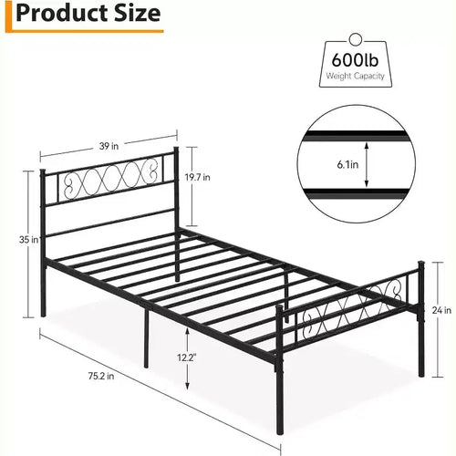 Cadre de lit plateforme double Acekool en métal avec tête et pied de lit en forme de cœur, 12,2" de rangement sous le lit, support à lattes métalliques robustes, noir
