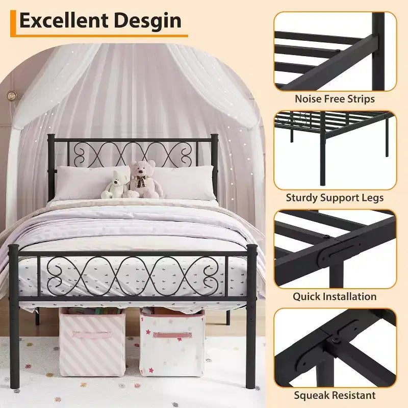 Cadre de lit plateforme double Acekool en métal avec tête et pied de lit en forme de cœur, 12,2" de rangement sous le lit, support à lattes métalliques robustes, noir