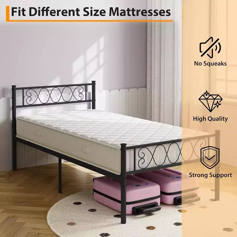 Cadre de lit plateforme double Acekool en métal avec tête et pied de lit en forme de cœur, 12,2" de rangement sous le lit, support à lattes métalliques robustes, noir