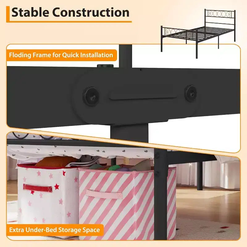 Cadre de lit plateforme double Acekool en métal avec tête et pied de lit en forme de cœur, 12,2" de rangement sous le lit, support à lattes métalliques robustes, noir