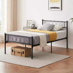 Cadre de lit plateforme double Acekool en métal avec tête et pied de lit en forme de cœur, 12,2" de rangement sous le lit, support à lattes métalliques robustes, noir